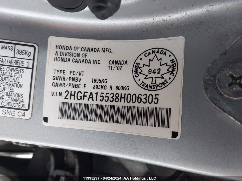 2008 Honda Civic VIN: 2HGFA15538H006305 Lot: 11995297