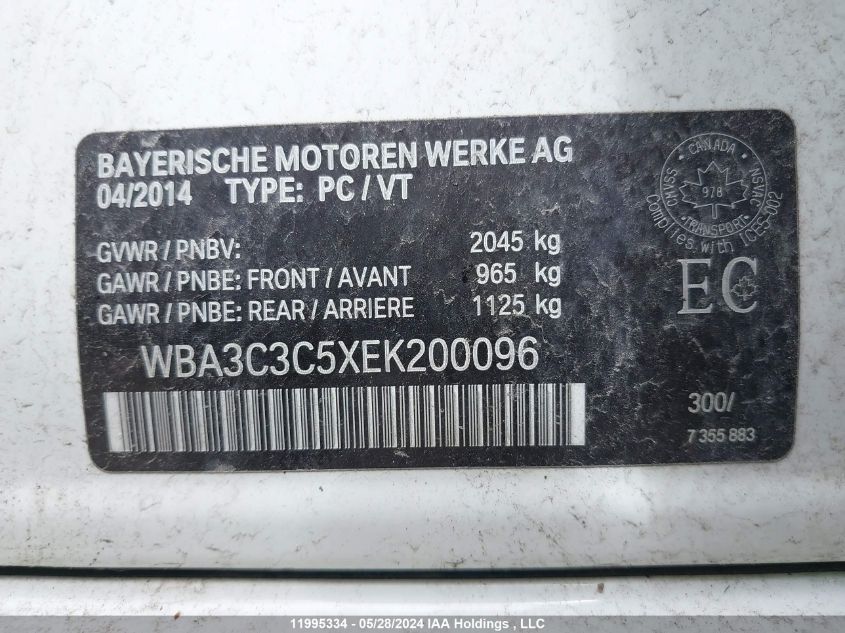 2014 BMW 3 Series VIN: WBA3C3C5XEK200096 Lot: 11995334