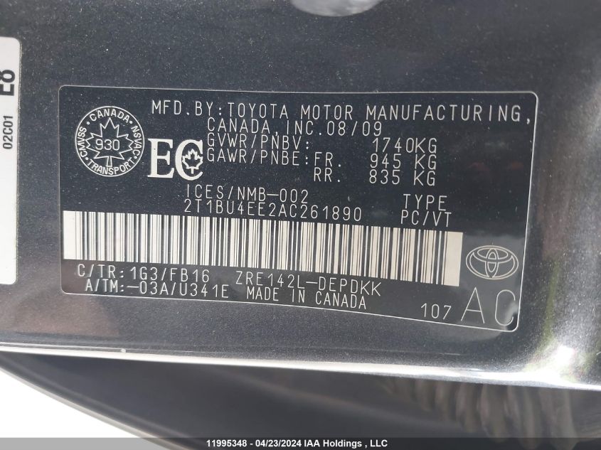 2010 Toyota Corolla S/Le/Xle VIN: 2T1BU4EE2AC261890 Lot: 11995348