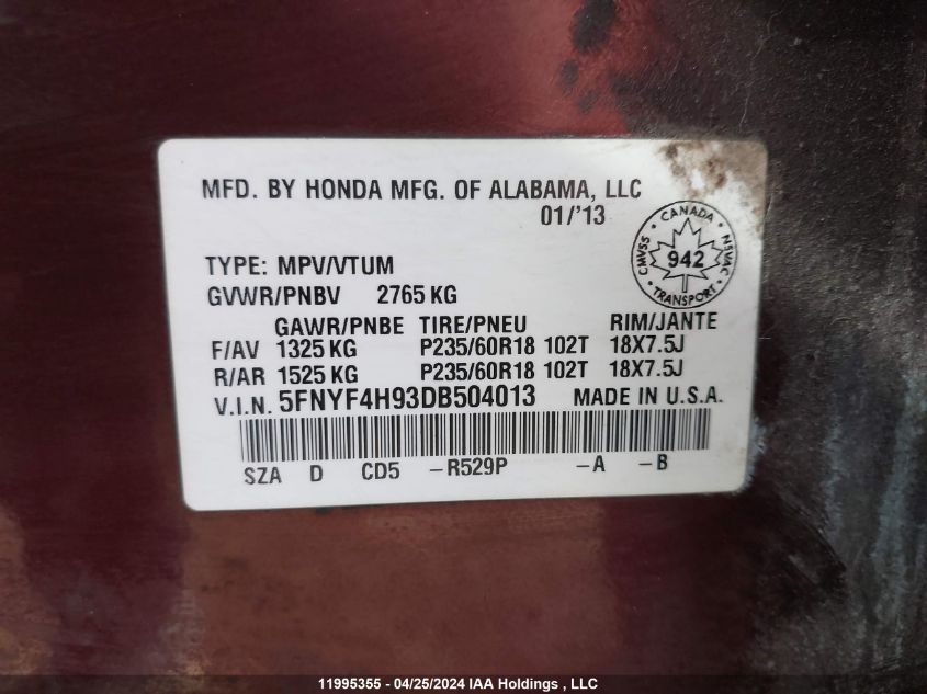 2013 Honda Pilot Touring VIN: 5FNYF4H93DB504013 Lot: 11995355