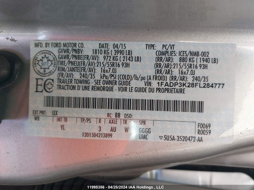 2015 Ford Focus VIN: 1FADP3K28FL284777 Lot: 11995356