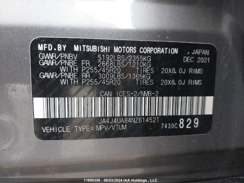 2022 Mitsubishi Outlander VIN: JA4J4UA84NZ614521 Lot: 11995358