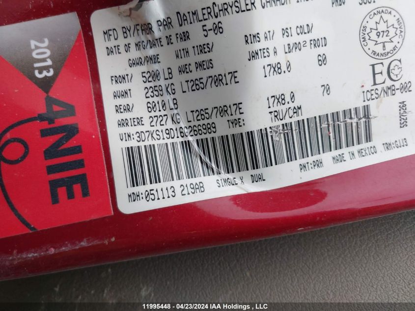 2006 Dodge Ram 1500 VIN: 3D7KS19D16G266989 Lot: 11995448