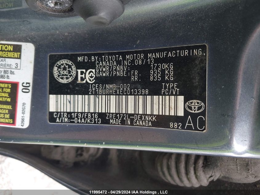 2014 Toyota Corolla VIN: 2T1BURHEXEC013398 Lot: 11995472