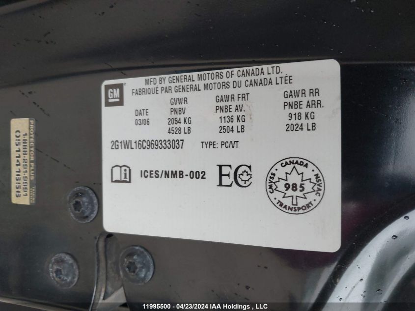 2006 Chevrolet Monte Carlo VIN: 2G1WL16C969333037 Lot: 11995500