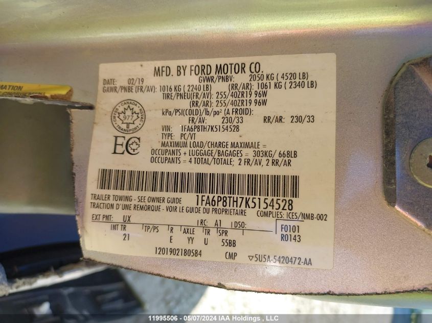 2019 Ford Mustang Ecoboost VIN: 1FA6P8TH7K5154528 Lot: 11995506