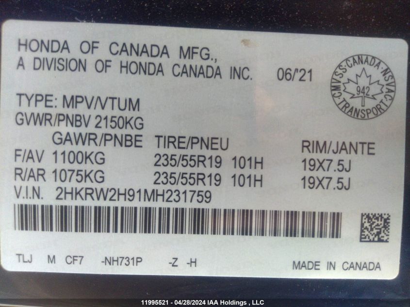 2021 Honda Cr-V VIN: 2HKRW2H91MH231759 Lot: 11995521