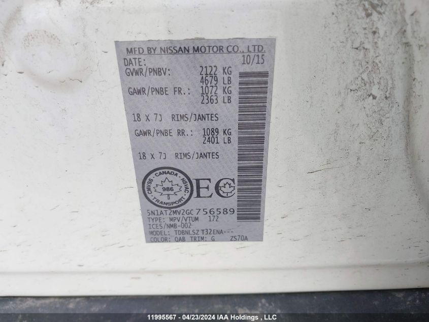 2016 Nissan Rogue VIN: 5N1AT2MV2GC756589 Lot: 11995567