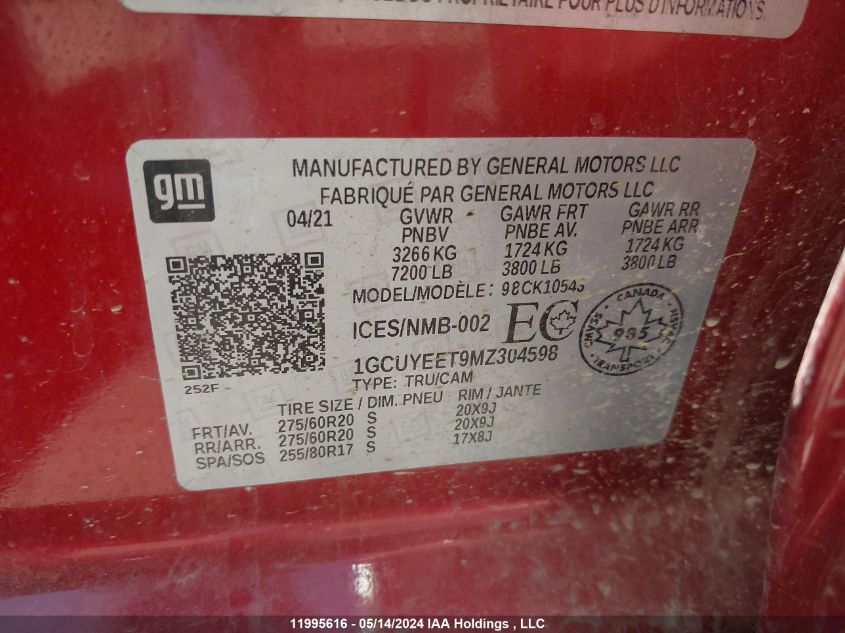 2021 Chevrolet Silverado 1500 VIN: 1GCUYEET9MZ304598 Lot: 11995616