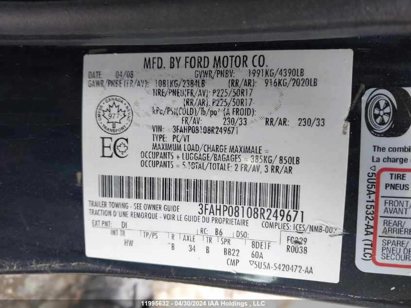 2008 Ford Fusion VIN: 3FAHP08108R249671 Lot: 11995632