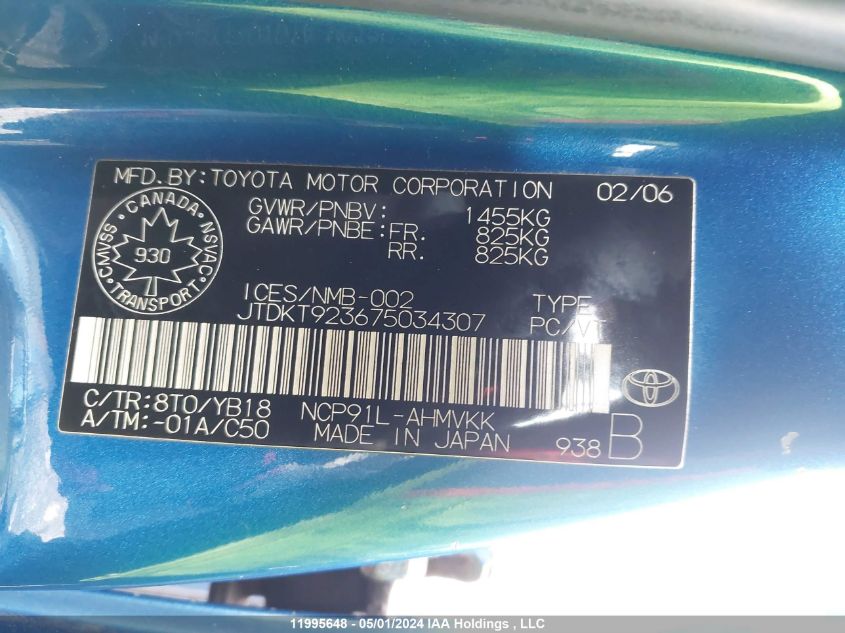 2007 Toyota Yaris VIN: JTDKT923675034307 Lot: 11995648