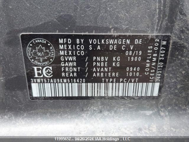 2019 Volkswagen Golf Sportwagen VIN: 3VWY57AU9KM516420 Lot: 11995657