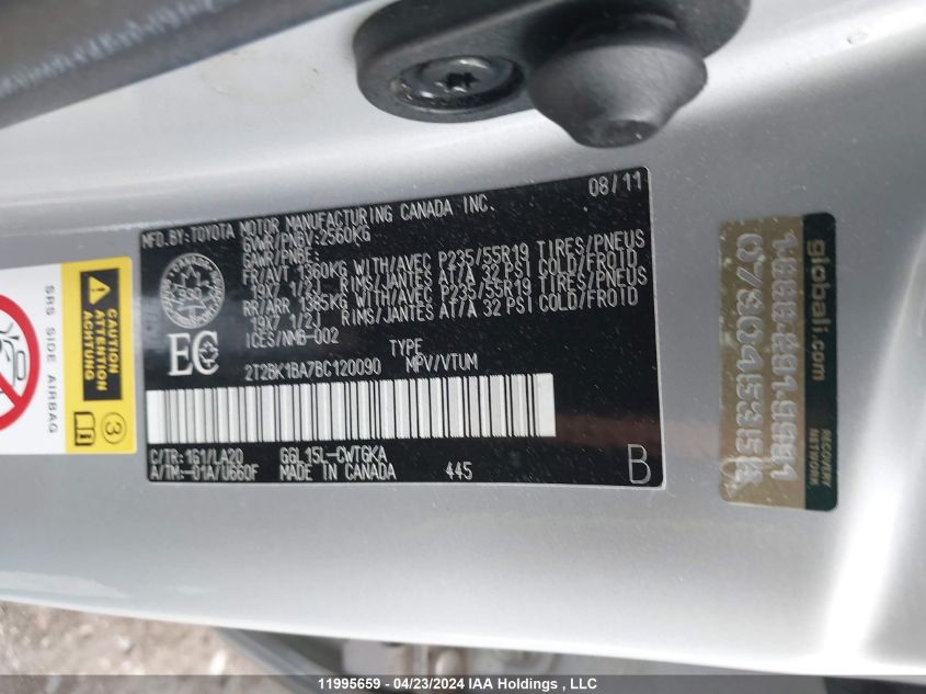 2011 Lexus Rx 350 VIN: 2T2BK1BA7BC120090 Lot: 11995659