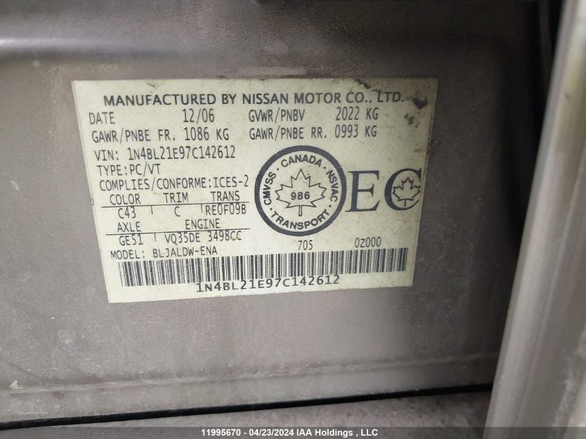 2007 Nissan Altima 3.5Se/3.5Sl VIN: 1N4BL21E97C142612 Lot: 11995670