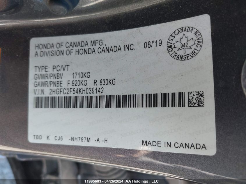 2019 Honda Civic VIN: 2HGFC2F54KH039142 Lot: 11995683