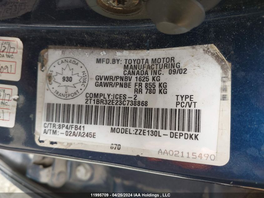 2003 Toyota Corolla Ce/Le/Sport VIN: 2T1BR32E23C738868 Lot: 11995709