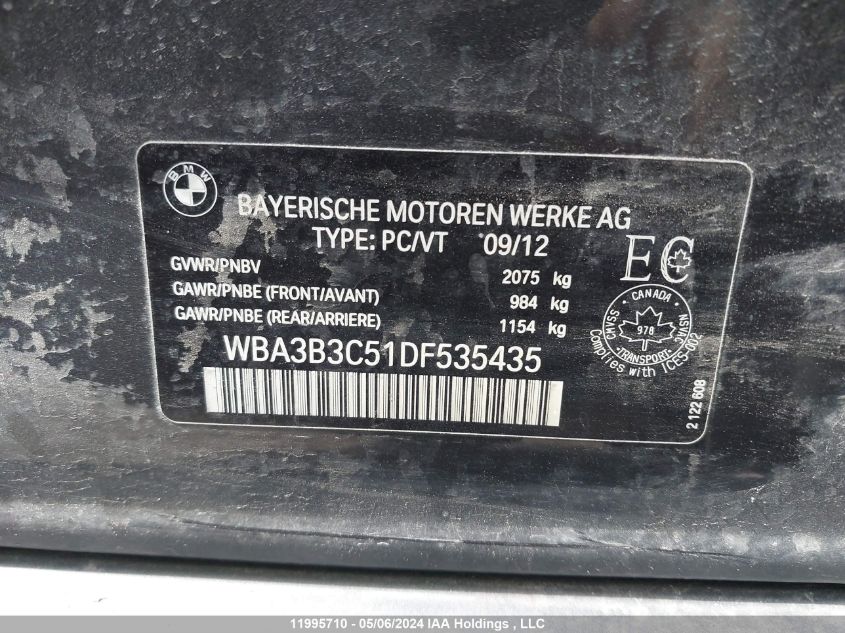 2013 BMW 3 Series VIN: WBA3B3C51DF535435 Lot: 11995710
