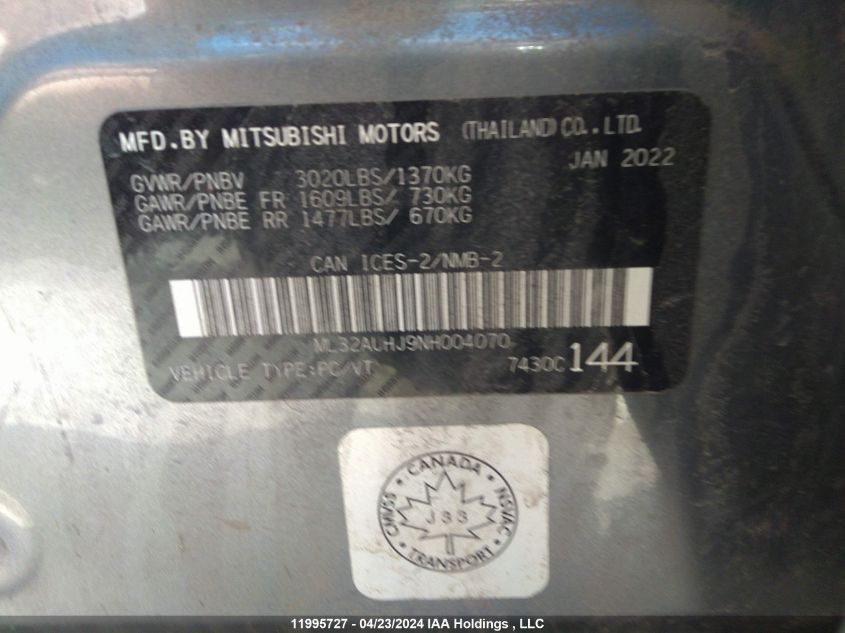 2022 Mitsubishi Mirage VIN: ML32AUHJ9NH004070 Lot: 11995727