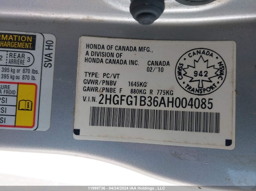2010 Honda Civic Cpe VIN: 2HGFG1B36AH004085 Lot: 11995736