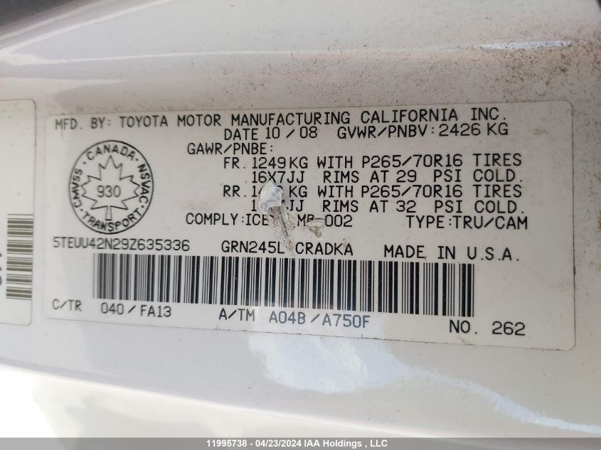 2009 Toyota Tacoma Access Cab VIN: 5TEUU42N29Z635336 Lot: 11995738