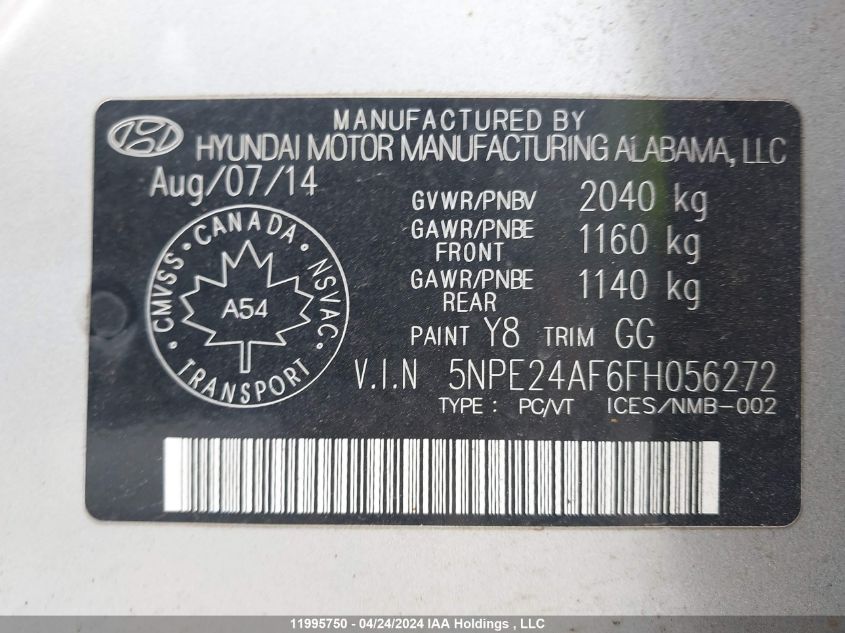 2015 Hyundai Sonata Gl VIN: 5NPE24AF6FH056272 Lot: 11995750