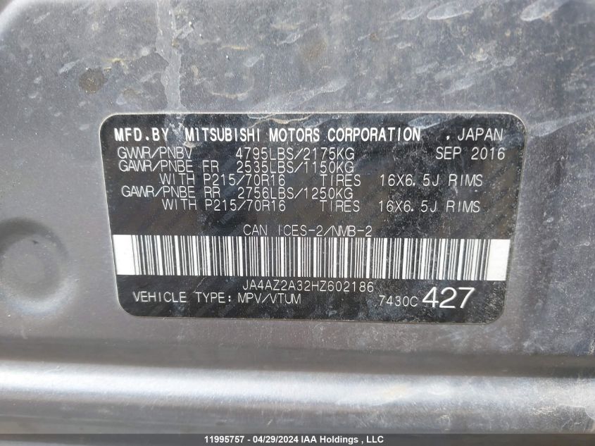 2017 Mitsubishi Outlander VIN: JA4AZ2A32HZ602186 Lot: 11995757