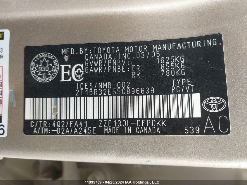 2005 Toyota Corolla Ce/Le/S VIN: 2T1BR32E55C896639 Lot: 11995759
