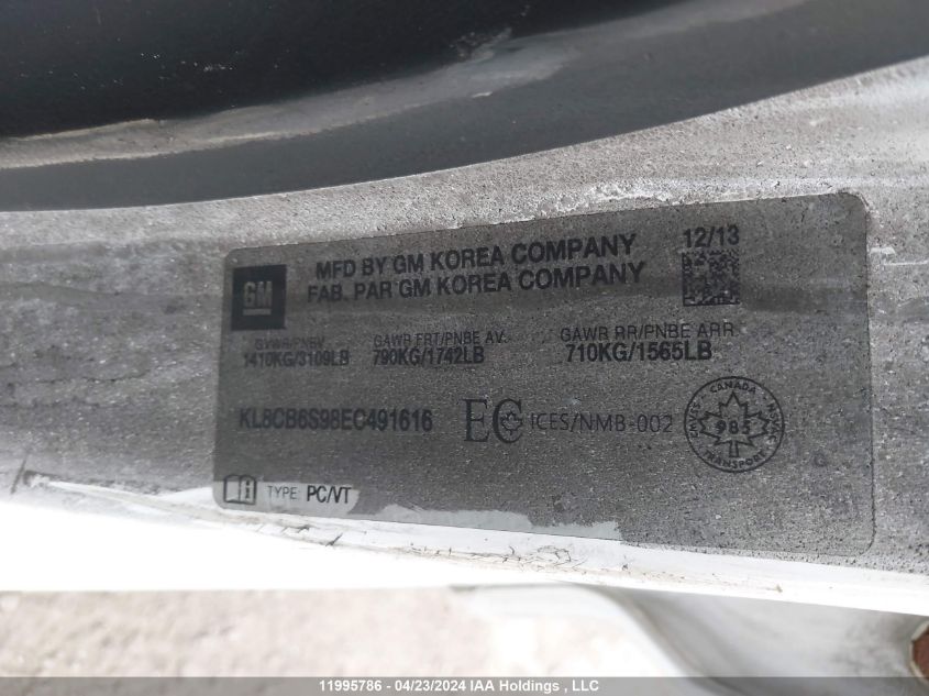 2014 Chevrolet Spark VIN: KL8CB6S98EC491616 Lot: 11995786