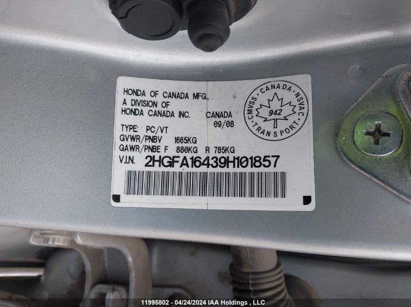 2009 Honda Civic Dx-G VIN: 2HGFA16439H101857 Lot: 11995802