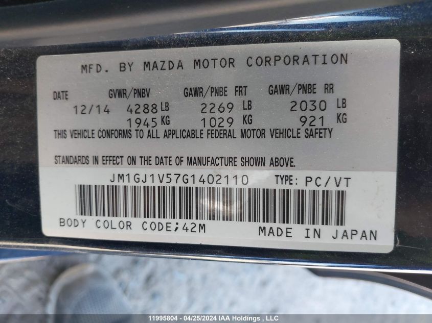 2016 Mazda Mazda6 VIN: JM1GJ1V57G1402110 Lot: 11995804