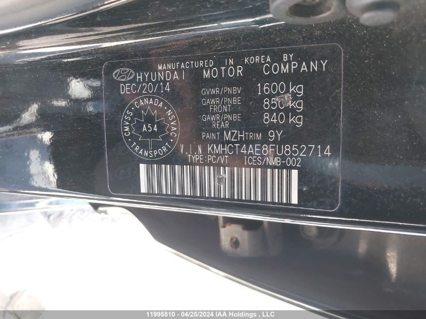 2015 Hyundai Accent Gls VIN: KMHCT4AE8FU852714 Lot: 11995810