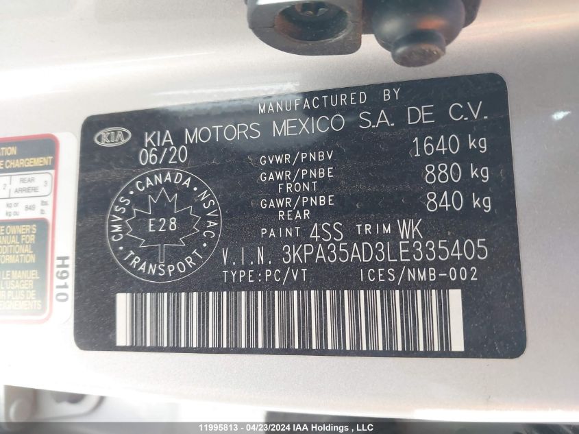 2020 Kia Rio 5-Door VIN: 3KPA35AD3LE335405 Lot: 11995813