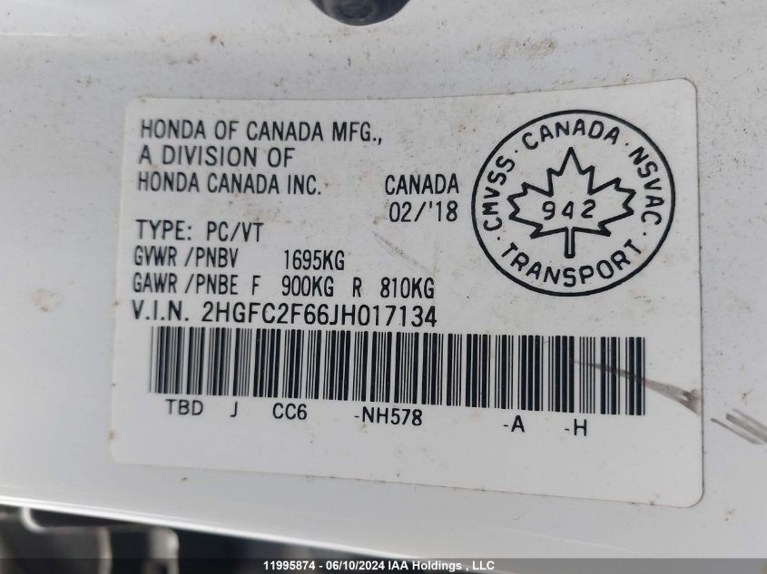 2018 Honda Civic Sedan VIN: 2HGFC2F66JH017134 Lot: 11995874