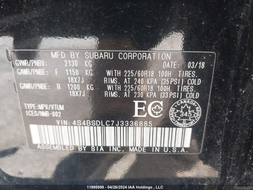 2018 Subaru Outback VIN: 4S4BSDLC7J3336885 Lot: 11995898