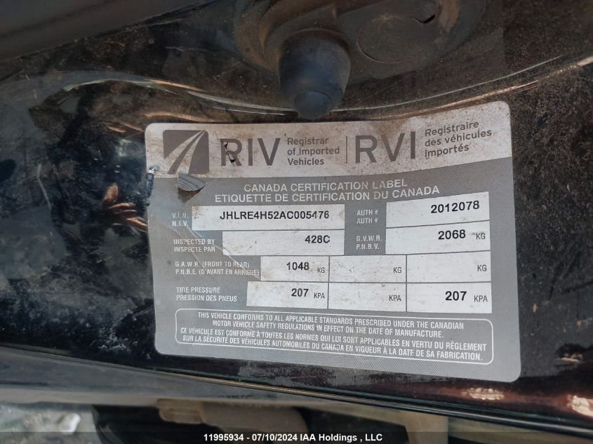 2010 Honda Cr-V VIN: JHLRE4H52AC005476 Lot: 11995934