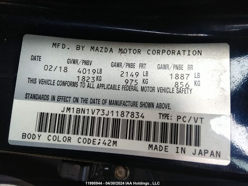 2018 Mazda Mazda3 VIN: JM1BN1V73J1187834 Lot: 11995944