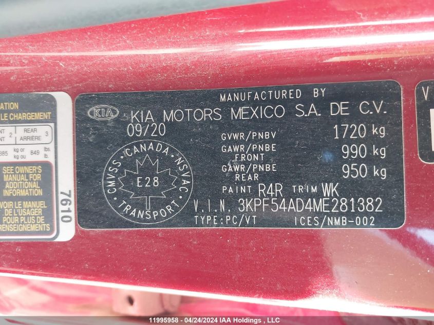 2021 Kia Forte VIN: 3KPF54AD4ME281382 Lot: 11995958