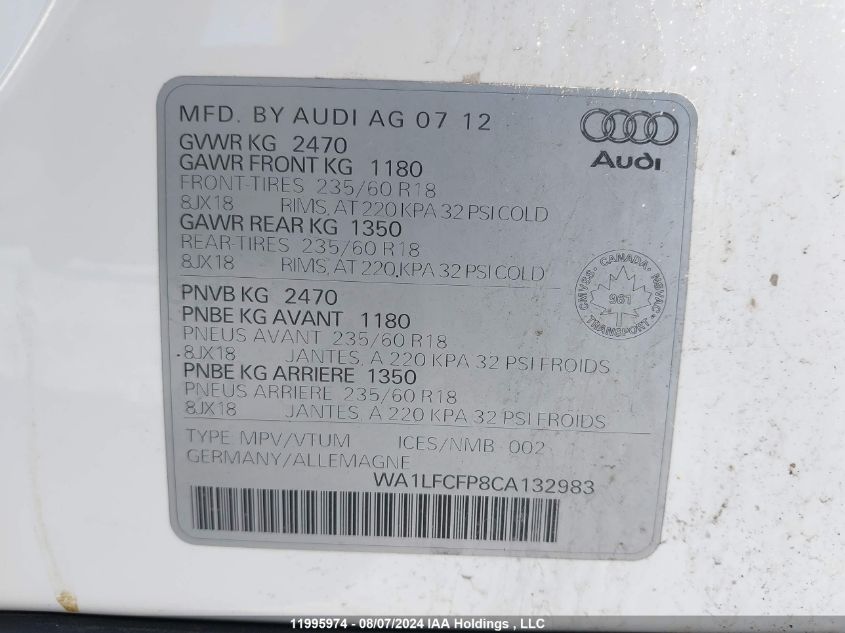 2012 Audi Q5 VIN: WA1LFCFP8CA132983 Lot: 11995974