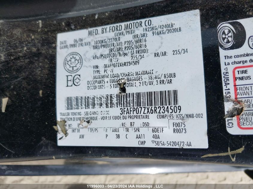 2006 Ford Fusion Se VIN: 3FAFP07ZX6R234509 Lot: 11996003