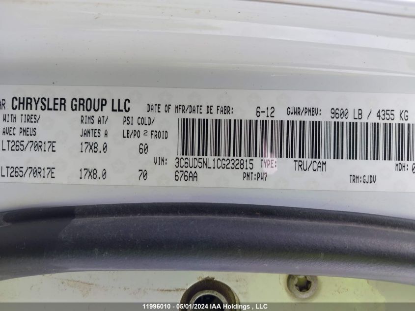 2012 Ram 2500 Laramie VIN: 3C6UD5NL1CG232815 Lot: 11996010