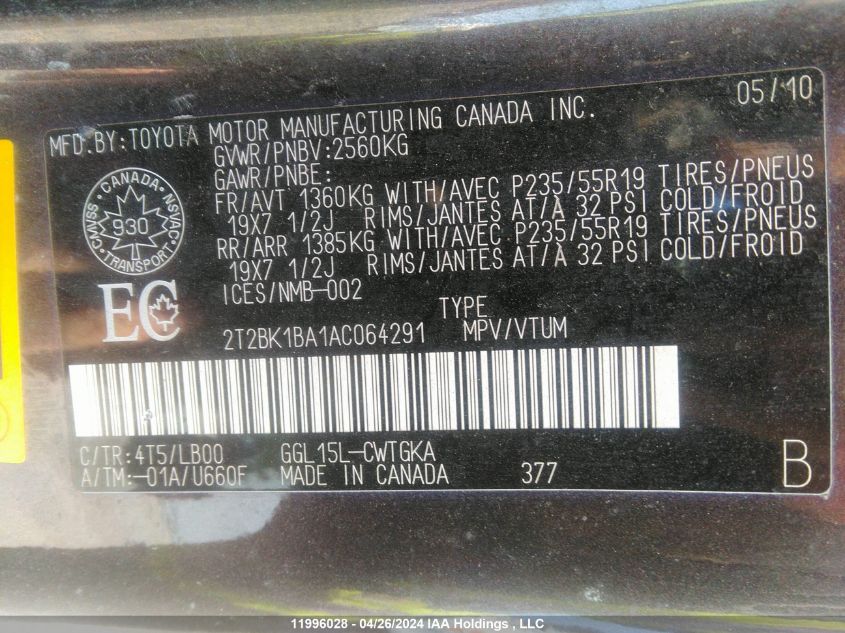 2010 Lexus Rx 350 VIN: 2T2BK1BA1AC064291 Lot: 11996028