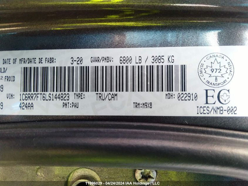 2020 Ram 1500 Classic Tradesman/Express VIN: 1C6RR7FT6LS144823 Lot: 11996029