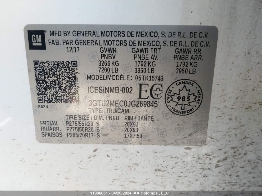 2018 GMC Sierra K1500 Sle VIN: 3GTU2MEC0JG269845 Lot: 11996051