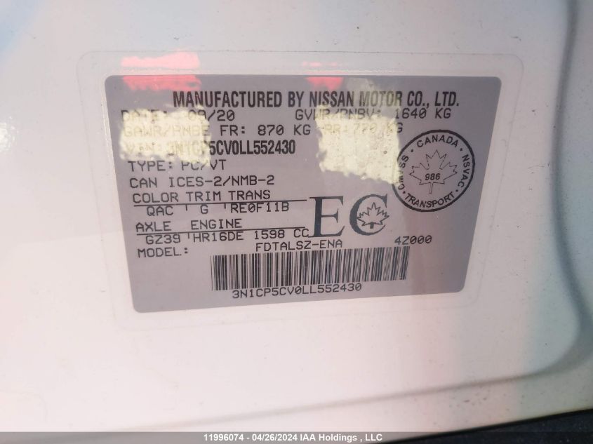 2020 Nissan Kicks VIN: 3N1CP5CV0LL552430 Lot: 11996074