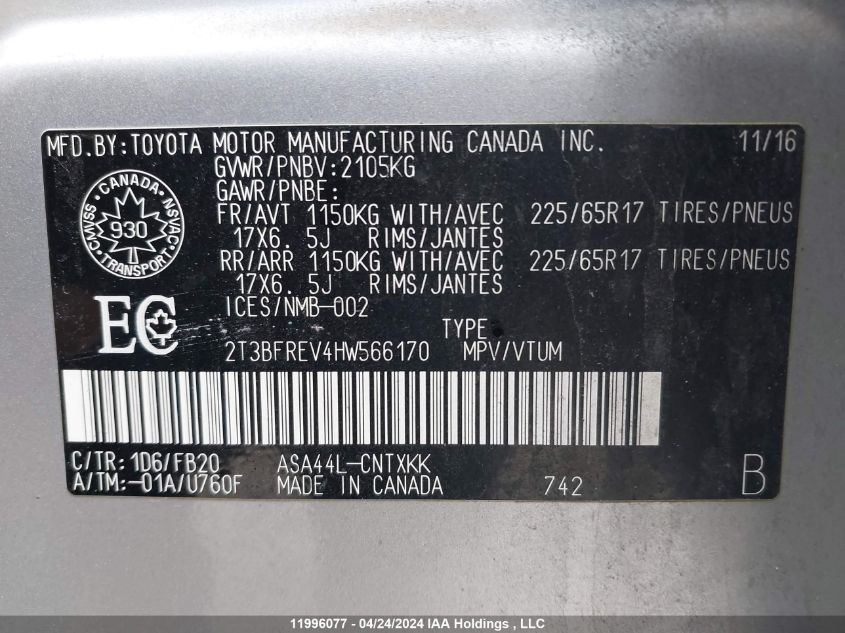 2017 Toyota Rav4 Le VIN: 2T3BFREV4HW566170 Lot: 11996077
