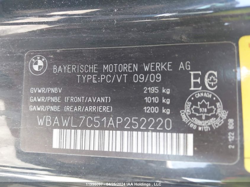 2010 BMW 335 I VIN: WBAWL7C51AP252220 Lot: 11996097