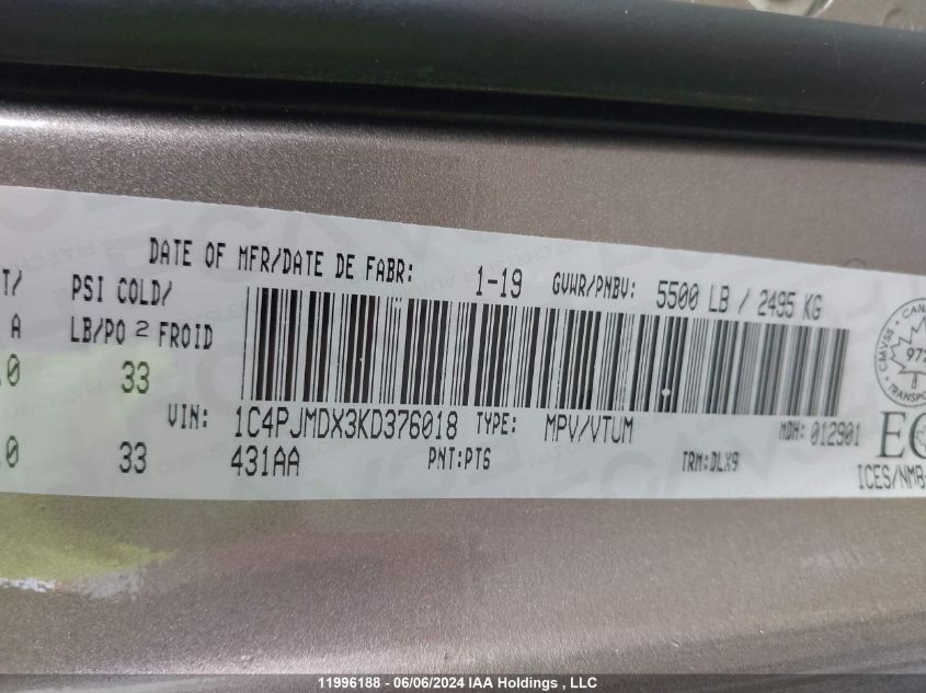 2019 Jeep Cherokee Limited VIN: 1C4PJMDX3KD376018 Lot: 11996188