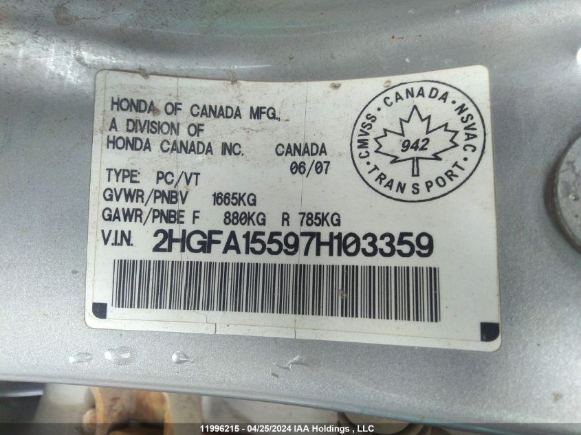 2007 Honda Civic Sdn VIN: 2HGFA15597H103359 Lot: 11996215