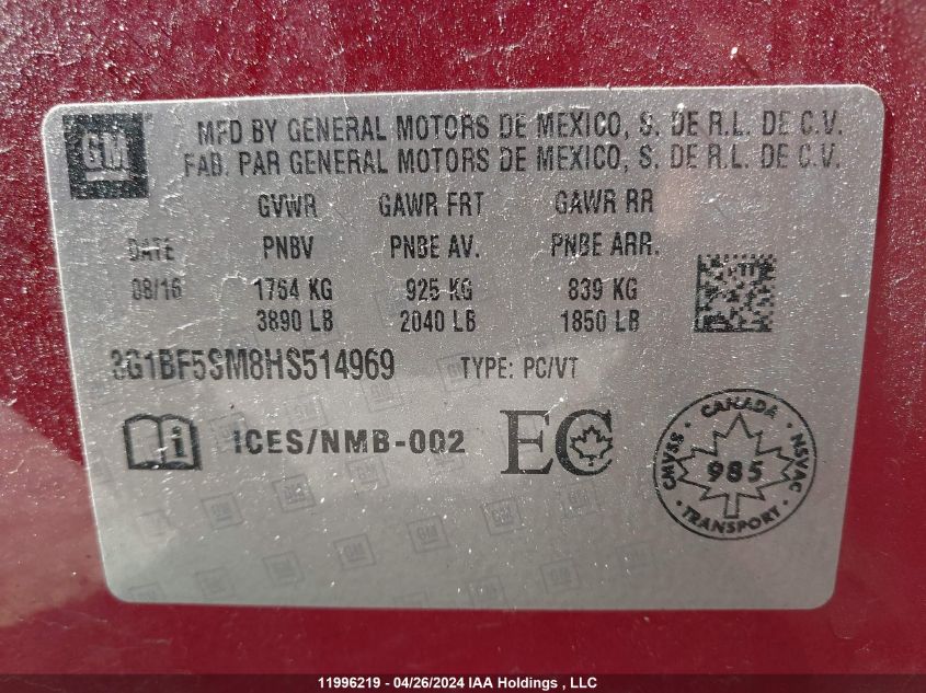 2017 Chevrolet Cruze VIN: 3G1BF5SM8HS514969 Lot: 11996219