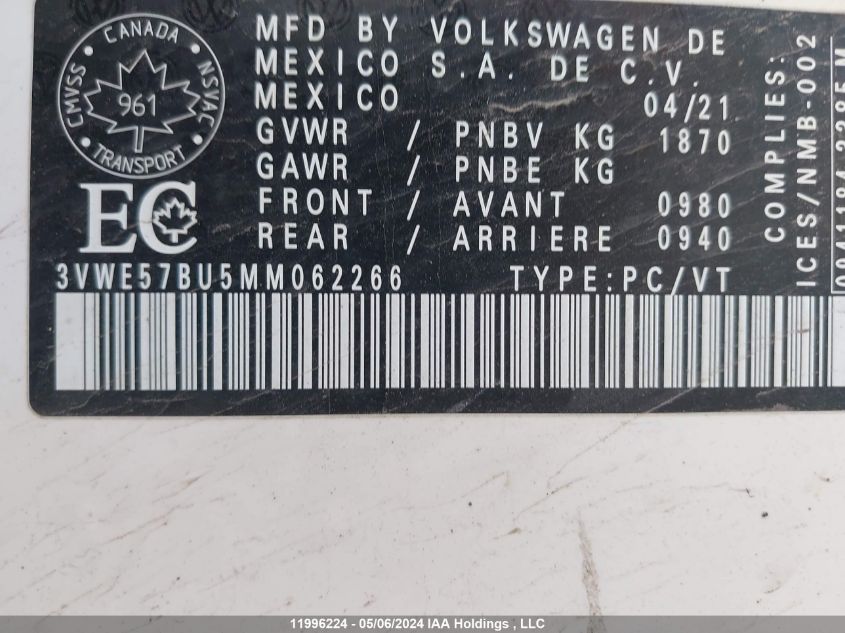 2021 Volkswagen Jetta VIN: 3VWE57BU5MM062266 Lot: 11996224